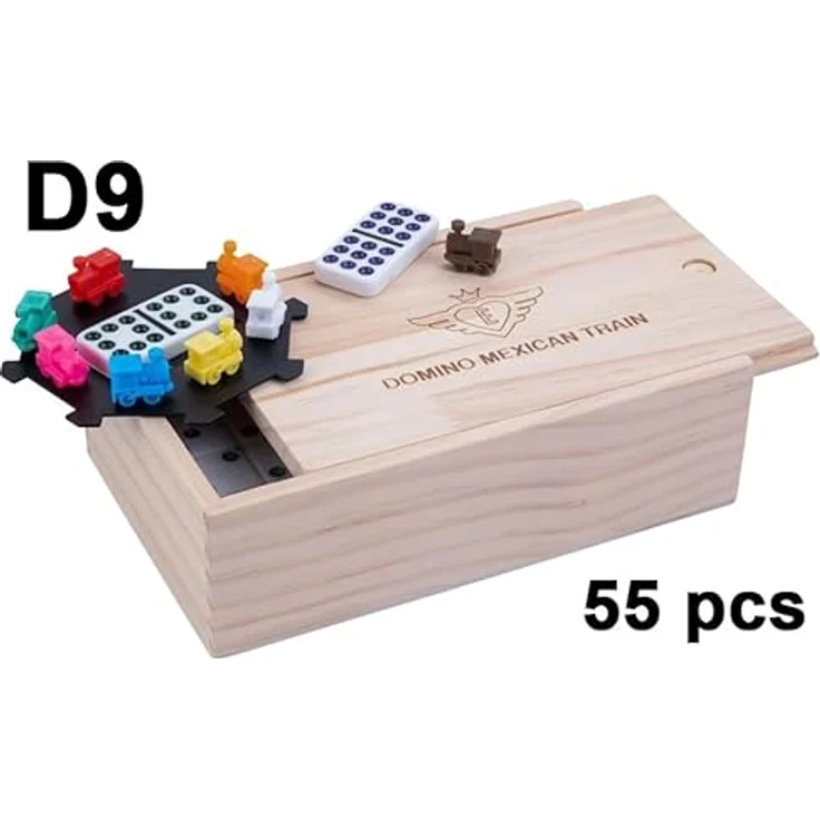 Engelhart Mexikanischer Domino-Zug 250127, Premium-Komplettset mit 55 Dominosteinen (9 mm) in Holzkiste, 8 bunte Lokomotiven, für 2 bis 4 Spieler – Bild 2