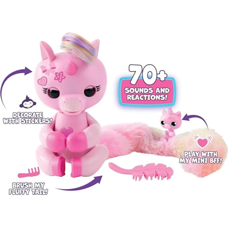 Fingerlings Snuggle Tails Evie, interaktives rosa Einhorn mit flauschigem Schwanz, Mini-Bestie Isla, Pinsel und Aufklebern – Bild 4