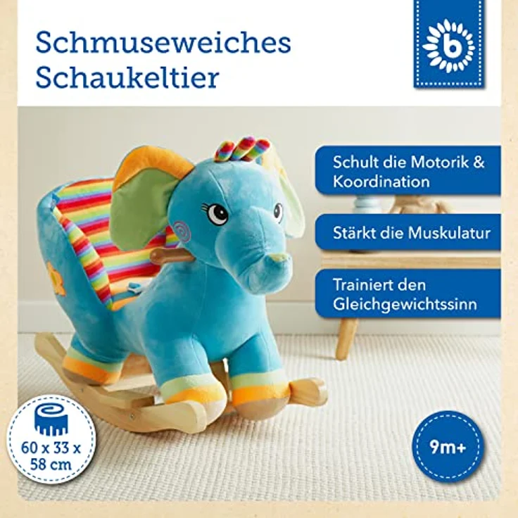 Bieco Plüsch Schaukeltier Elefant | Kinder Schaukelstuhl mit Sicherheitsgurt | Baby Schaukel | Schaukel Kleinkind | Schaukeltier Baby Zimmer | Baby Schaukelwippe ab 9 Monate | Schaukelpferd Holz – Bild 2