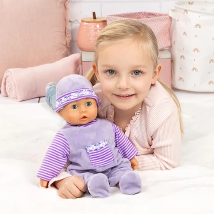 Bayer Babypuppe First Words Baby, 38 cm, lila, mit Schlafaugen und 24 Babygeräuschen, 3-tlg. Set mit Flasche und Schnuller – Bild 8