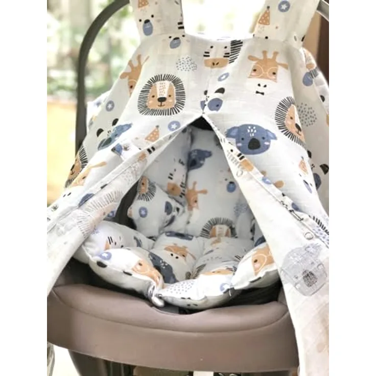 Baby Fancyroom Babyschalen-Set Neugeborene: Schutztuch und Sitzauflage für Autositz Überdachung, 100% Baumwolle, Babyschale Abdeckung (hellblau Löwen)