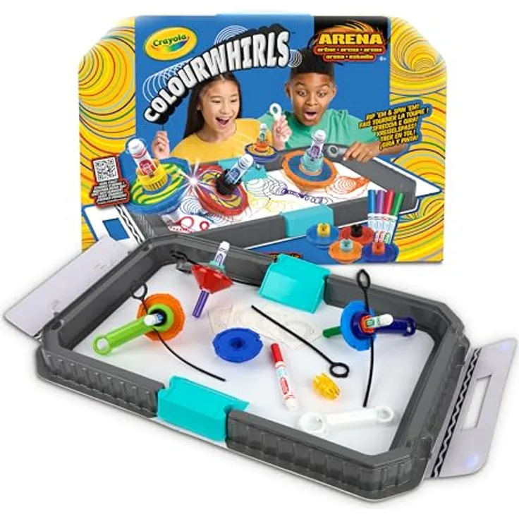 CRAYOLA ColourWhirls Challenge Arena, Kreiselspiel mit 4 bunten Kreiseln, für Familienspaß und kreative Wettbewerbe, ab 6 Jahren, 74-7697