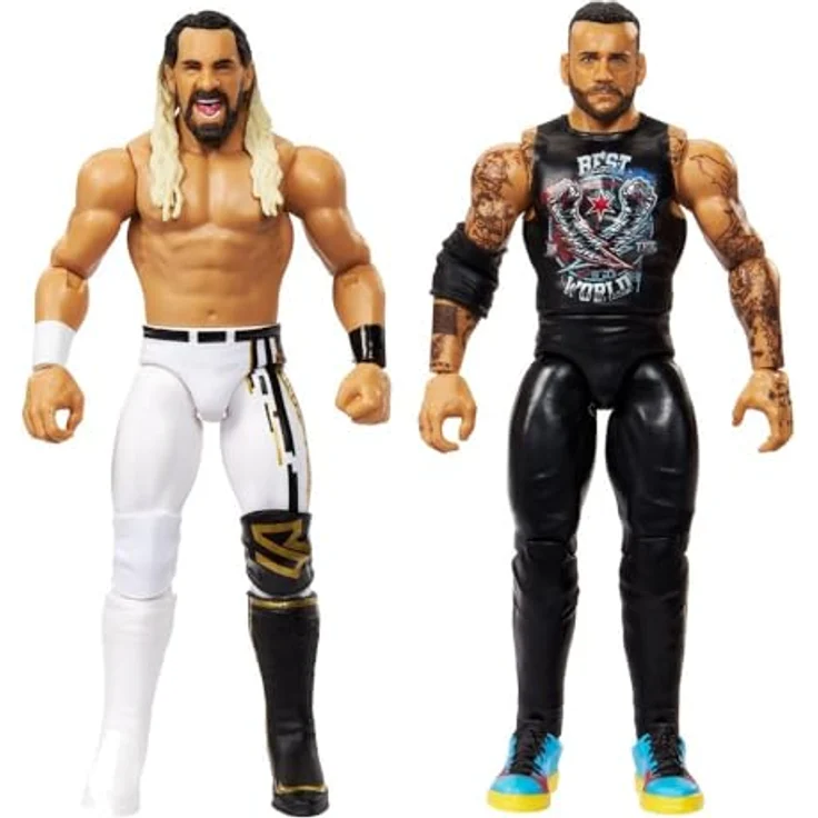 WWE CM Punk V Seth Freakin Rollins, Mattel Main Event Showdown 2 Pack Series 23, bewegliche Action Figuren mit Mikrofon-Zubehör – Bild 1