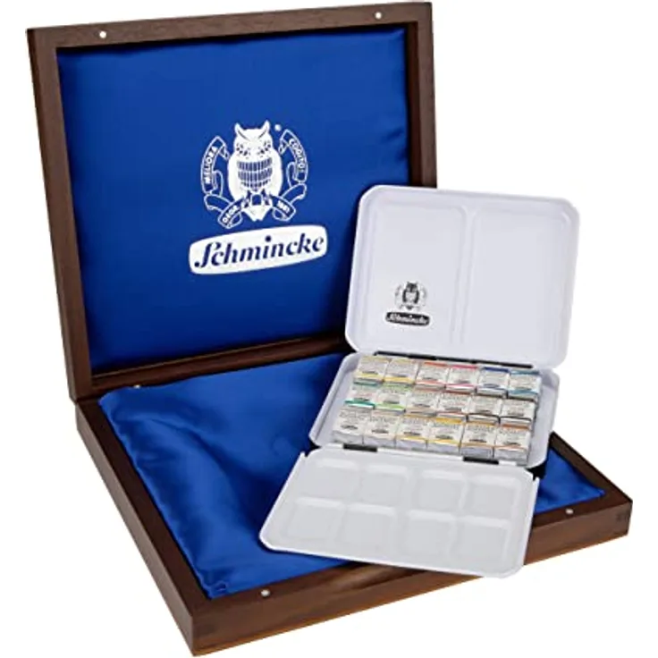 Schmincke HORADAM® AQUARELL Geschenkkasten, 18 Premium Aquarellfarben in halben Näpfchen, Holzkasten mit Metallkasten, einschließlich 6 Goldtönen