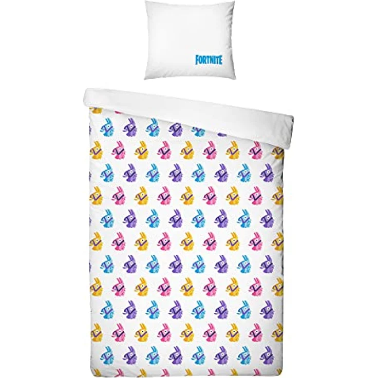BERONAGE Fortnite Wende-Bettwäsche Lama 135 x 200 cm + 80 x 80 cm 100% Baumwolle Renforcé-Linon-Qualität Kinderbettwäsche Battle Royale Loot Lake Salty Springs Tilted Towers Skins 2 Motive Reißverschluss, bunt – Bild 3