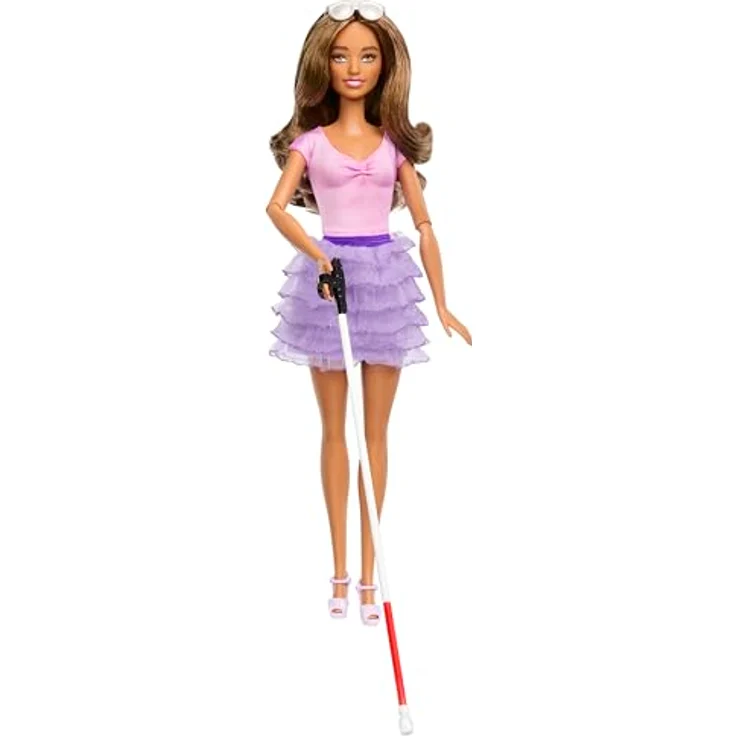 Barbie Anziehpuppe Fashionistas Puppe Nr. 228 Blinde Barbie-Puppe, mit pastellfarbenem Outfit, Blindenstock und Sonnenbrille – Bild 4