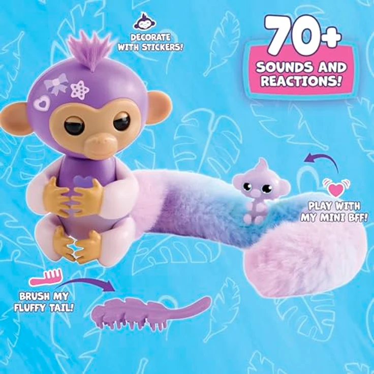 Fingerlings Snuggle Tails Coco, interaktiver lila Affe mit flauschigem Schwanz, Mini-Bestie Chloe, Bürste und Aufklebern – Bild 5
