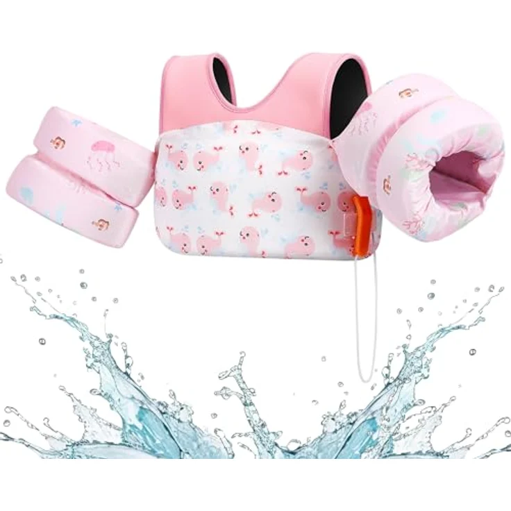 HeySplash Kinder Weste Schwimmflügel, Cartoon Kein Aufblasen Schwimmgürtel mit 2 Sicherheitsschnalle für 2-6 Jahren Jungen und Mädchen, Rosa Wal – Bild 1