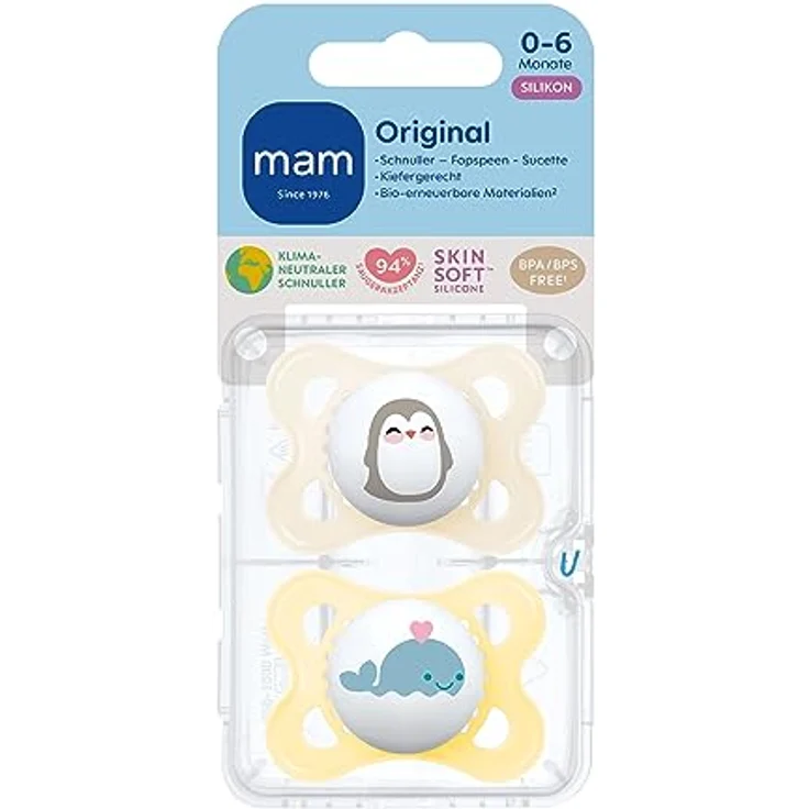 MAM Original Schnuller im 2er-Set, zahnfreundlicher Baby aus nachhaltigen & bio-erneuerbaren Materialien, Sauger SkinSoft Silikon, mit Schnullerbox, 0-6 Monate, Pinguin/Wal – Bild 2