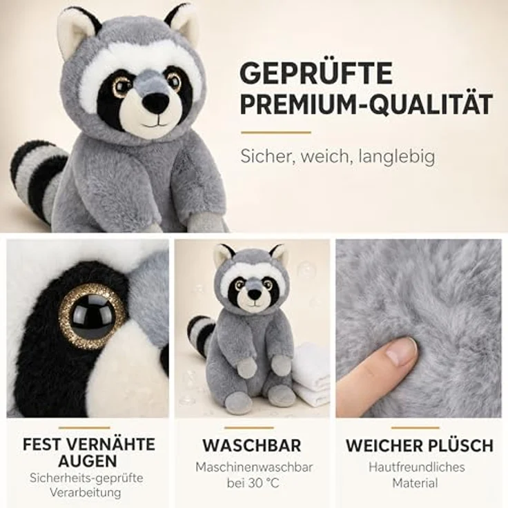 TE-IMPORTE Waschbär Plüschtier sitzend 27 cm grau mit glitzernden Augen, kuschelweich und waschbar – Bild 4