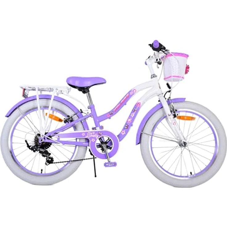 Volare Kinderfahrrad 20 ZOLL Mädchen Rad LOVELY 7 Gänge 22125, Korb, Seitenständer, Gepäckträger, lila-weiß – Bild 1
