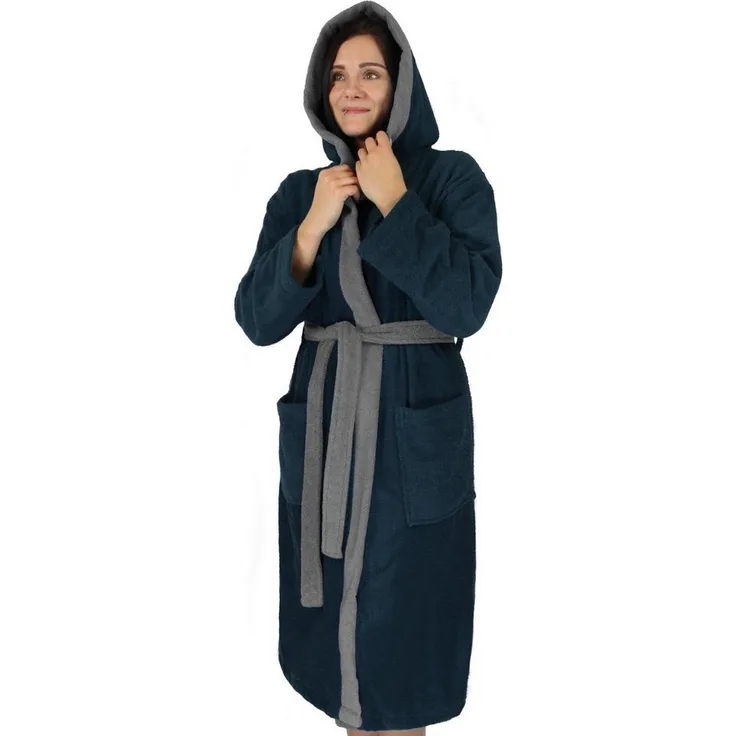 normani Damenbademantel, Saunamantel aus 100 % Baumwolle, Kapuze, Bindegürtel, für Damen und Herren, blau