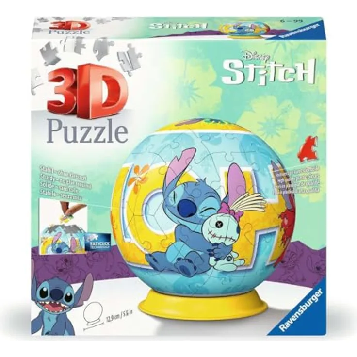 Ravensburger 3D Puzzle 11596 - Puzzle-Ball Disney Stitch - Hochwertiges 3D Puzzle mit Easyclick Technology, ideal für Kinder ab 6 Jahren, Durchmesser 12,9 cm