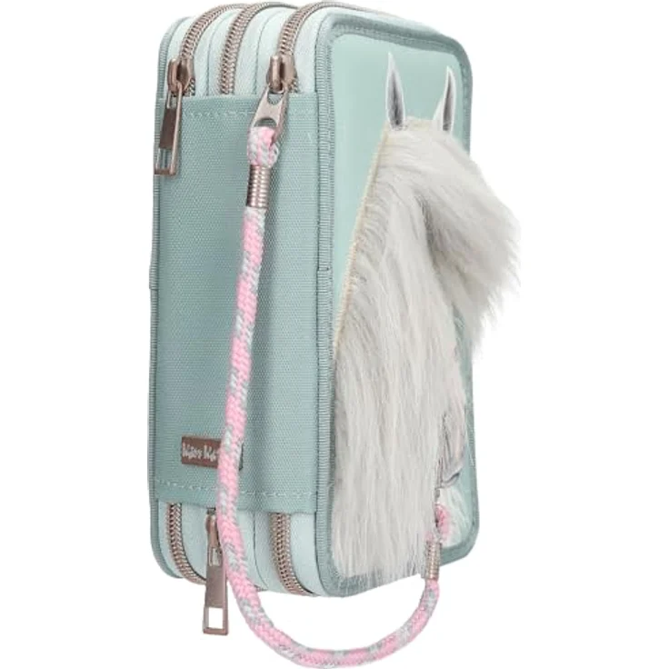 Depesche 13692 Miss Melody, Gefüllte 3-Fach Federtasche in Salbeigrün mit Pferdekopf Applikation, inkl. Buntstifte, Schere, Lineal und Zubehör – Bild 2