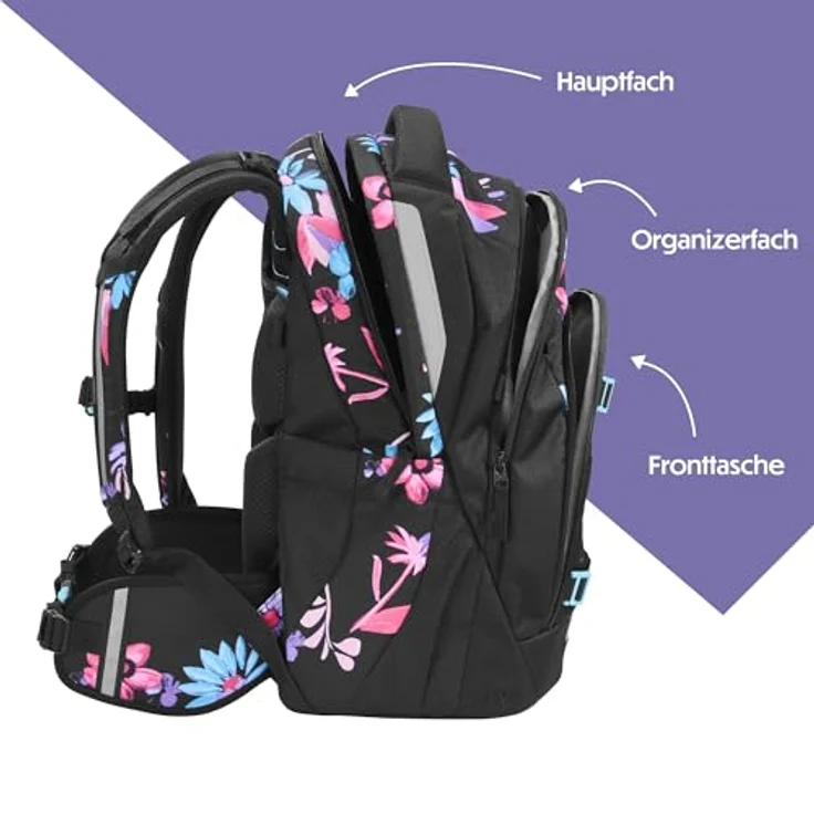 Coocazoo MATE Schulrucksack „Floral Artnight”, ergonomisch und anpassbar, schwarz-blau, 30 Liter, höhenverstellbar, mit Brustgurt und Hüftgurt, ab der 3. Klasse – Bild 3