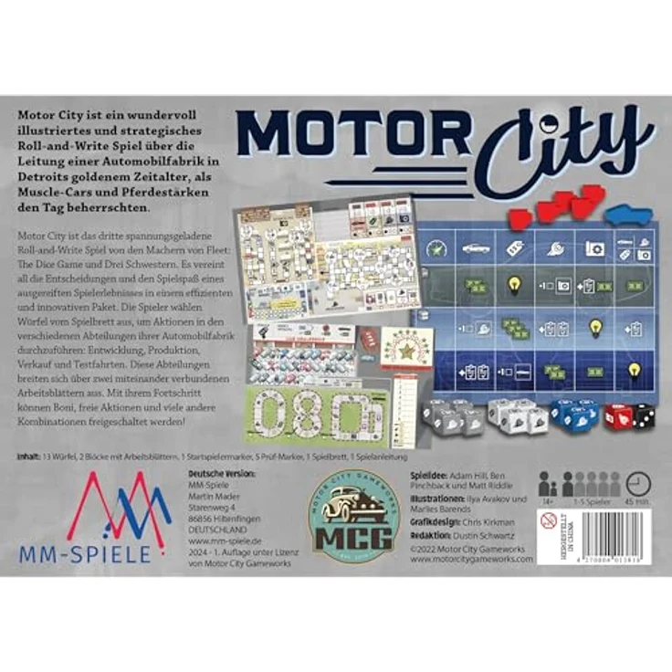 Huch & Friends Motor City, strategisches Roll & Write Spiel über Automobilfabriken im Detroit der 70er Jahre – Bild 3