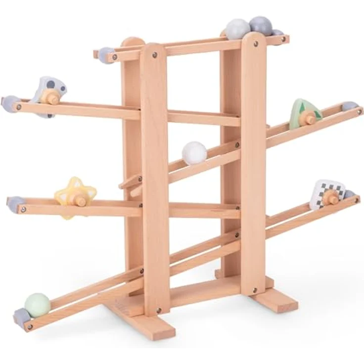 mamabrum, Große Holzkugelbahn - Rutsche mit Drehelementen, Holzkugeln, 4 Drehelementen, Holzbahn – Bild 1