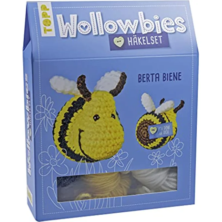 Wollowbies Häkelset Biene: Anleitung und Material für eine Biene zum Selber-Häkeln. Mit Holzknopf und Stofflabels zum Individualisieren. Fertiges Modell ca. 7 cm