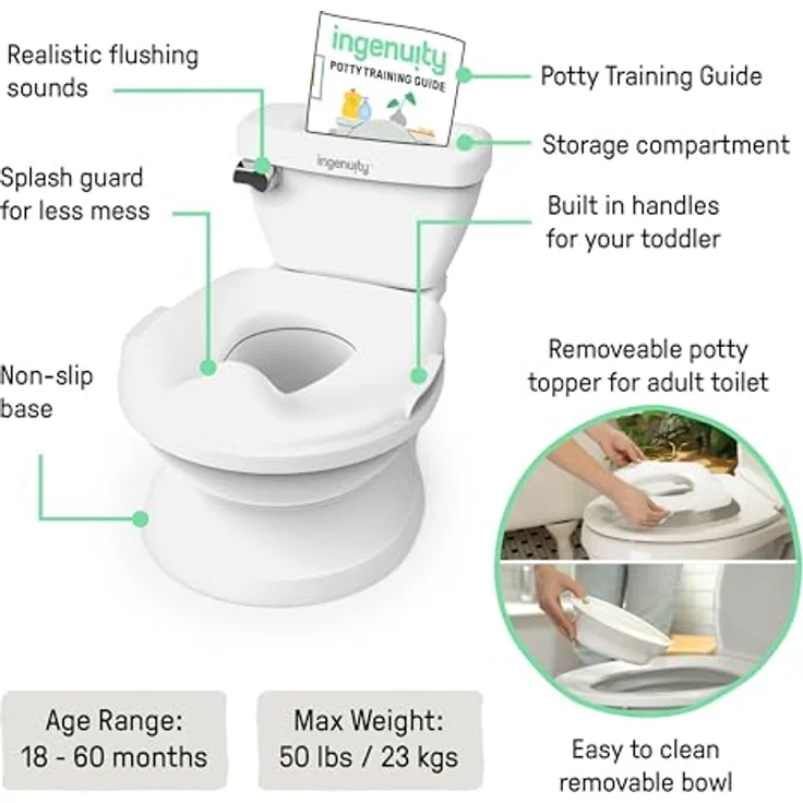 Ingenuity My Size Töpfchen, 2-in-1 Kinder-Töpfchen mit Spülgeräusch, abnehmarem Toilettensitz, leicht zu reinigen, mit Stauraum, für Töpfchentraining, ab 18M bis 23Kg (Weiß) – Bild 2