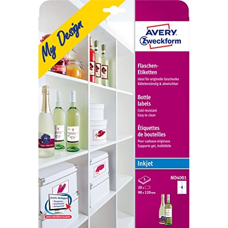 AVERY Zweckform MD4001 Flaschenetiketten (120x90 mm auf DIN A4, selbstklebend, bedruckbare Flaschenaufkleber für Glasflächen, Inkjet-/Tintenstrahldrucker) 20 Etiketten für Flaschen auf 5 Blatt weiß – Bild 2