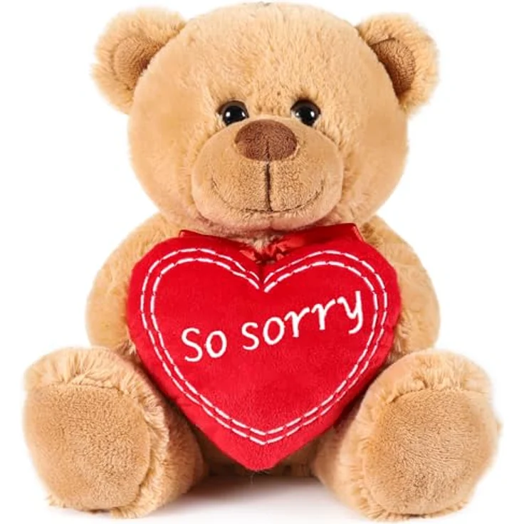 BRUBAKER Teddybär mit Herz Rot - So Sorry - 25 cm Plüschteddy - Kuscheltier Geschenk für Entschuldigungen - Braun Hellbraun – Bild 1