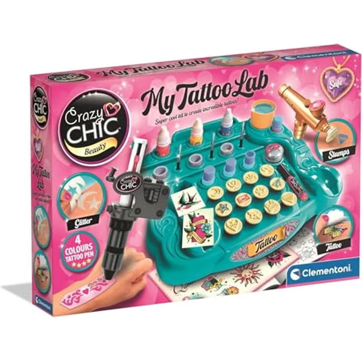 Clementoni® Kreativset Crazy Chick, Tattoo-Studio mit Körperstift, Schablonen und Tattoo-Buch, fördert Kreativität und Geschicklichkeit – Bild 1