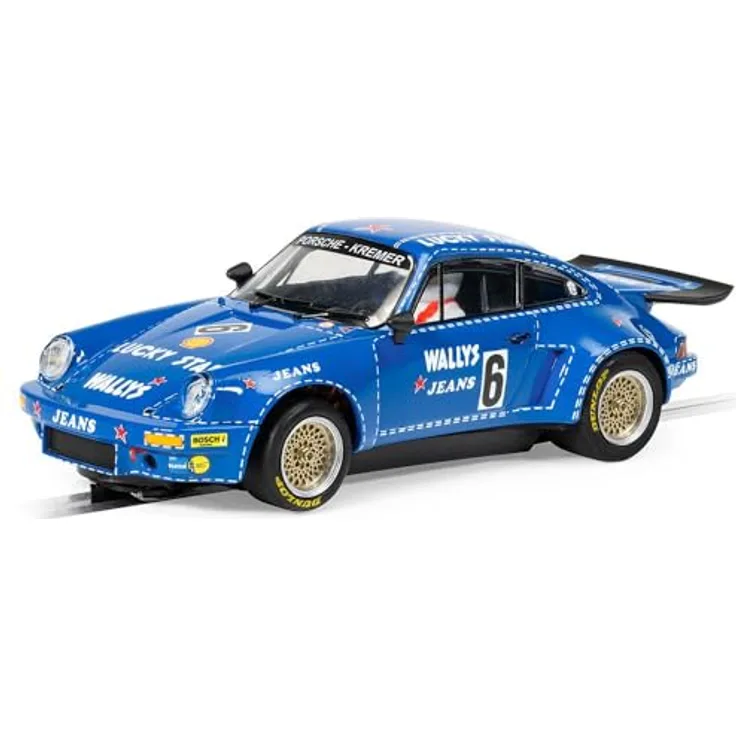 Scalextric Porsche 911 Carrera RSR 3.0 Wallys Jeans, Rennbahn Zubehör mit leuchtend blauer Lackierung und breiten Reifen