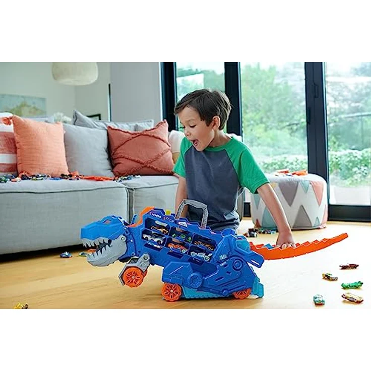 HOT WHEELS City - Ultimativer Transporter, T-Rex und Rennstrecke in Einem, abwechslungsreiche Sensorik-Elemente, Beleuchtungen und Geräusche, umfasst 20 Autos, für Kinder ab 4 Jahre, HNG50 - Preisvergleich – Bild 2