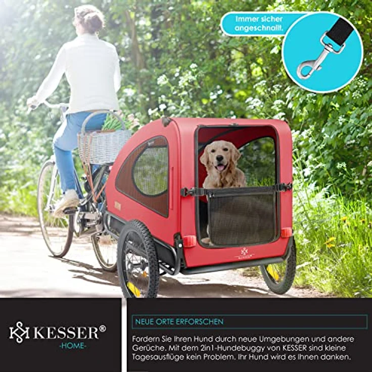 KESSER® Hundeanhänger Boxer 2-in-1 Hundebuggy Fahrradanhänger groß ca. 250L Volumen - Inkl. Fahne und Tasche - 600D Oxford Canvas, Klappbar SmartSpace Concept, maximale Belastbarkeit: 45kg Rot / Schwarz - Preisvergleich – Bild 6