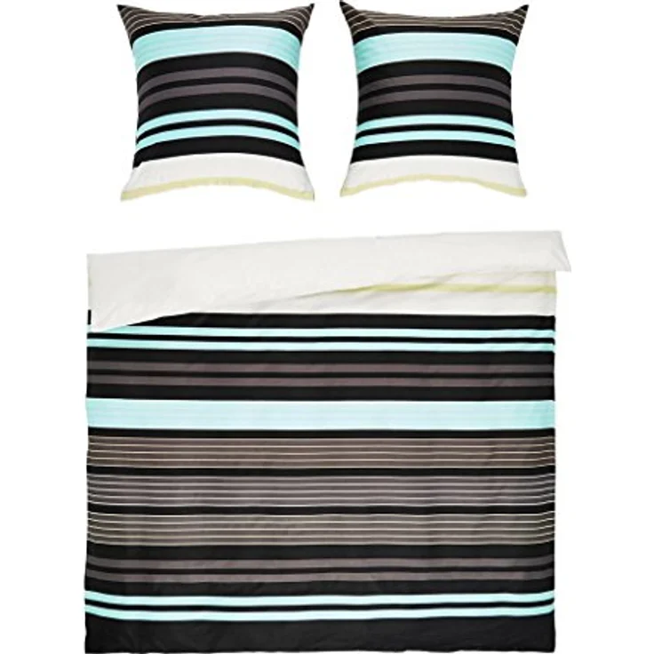 Janine Bettwäsche J.D. 8464 02 Aqua Graphit Streifen Mako Satin, 100% Baumwolle, Größe: 200x200 cm + 2 x 80x80 cm – Bild 1