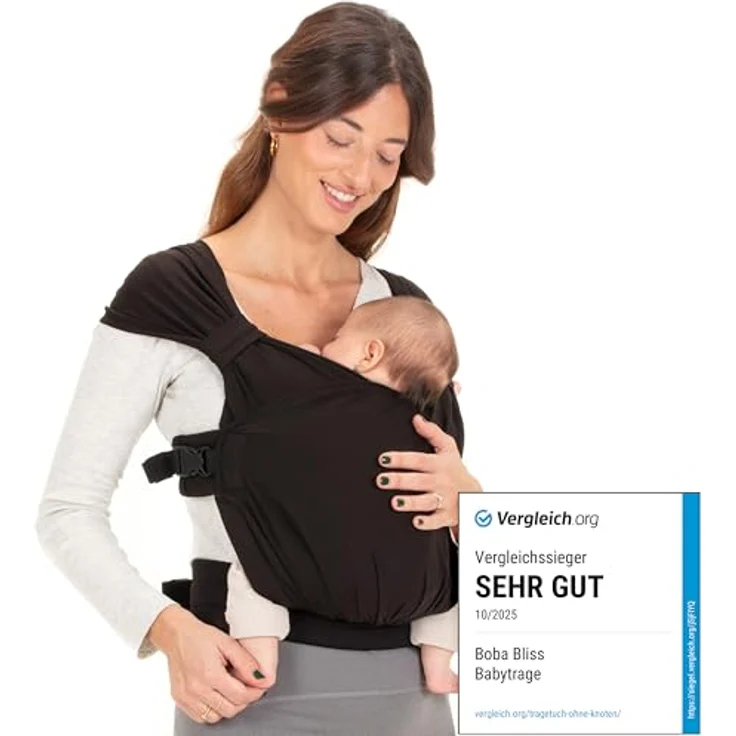 Boba Bliss Babytrage Neugeborene ab Geburt bis 15 kg - 2-in-1 Baby Carrier & Baby Tragetuch Ohne Binden & Knoten, Hüftfreundliche Babytrage ab Geburt, Weiche & elastische Baby Trage (Schwarz) – Bild 3