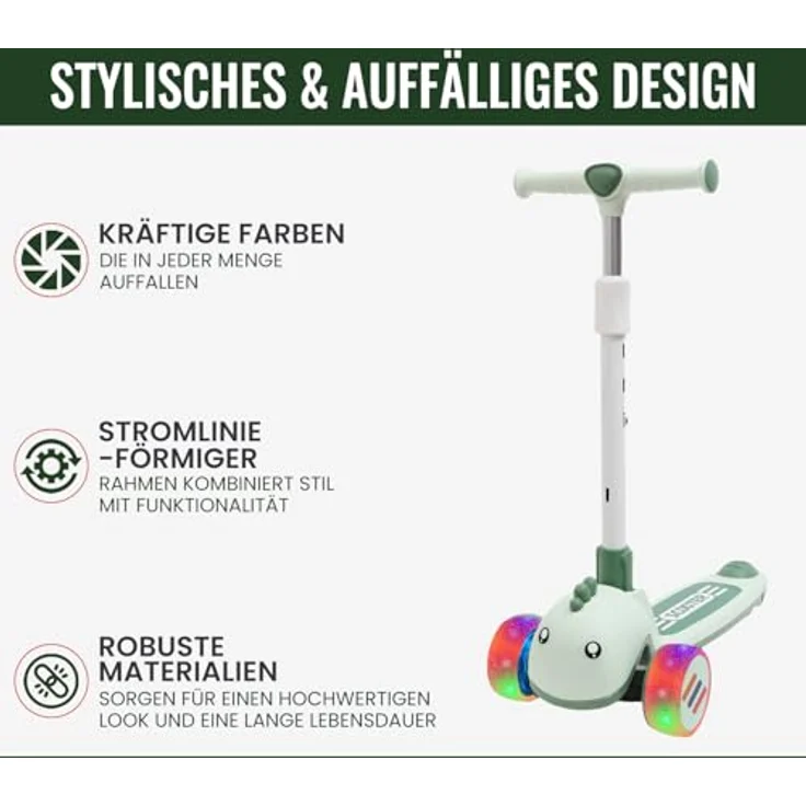 Habib Gruppe Kinderroller Tretroller 3-Rad LED Roller, Höhenverstellbar & Faltbar, Tierdesign, Grün, für Mädchen & Jungen (3-8 Jahre) – Bild 3