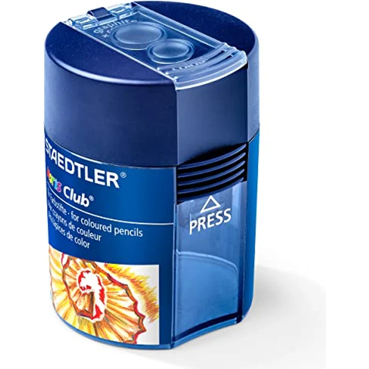 STAEDTLER Anspitzer 512 F, Doppelspitzdose rund für Stifte bis 10,2 mm Ø, blau, transparent, austauschbare Messer und Spitzer – Bild 1