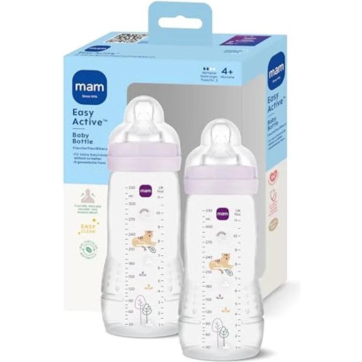 MAM Easy Active Babyflasche, 330 ml, stillfreundliche Milchflasche mit Sauger Größe 2 aus SkinSoft Silikon für Babys ab 4 Monaten, ergonomisch geformt, Tiger – Bild 1
