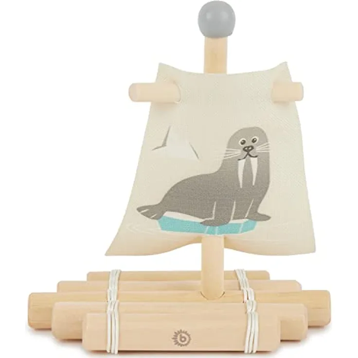Bieco Floß Spielzeug Kinder | Holz Spielzeug 20x18 cm | Wasser Spielzeug | Schiff Spielzeug mit Segel | Boot Spielzeug für Wasser | Holzboot Schwimmfähig | Strand Spielsachen | Segelboot Deko