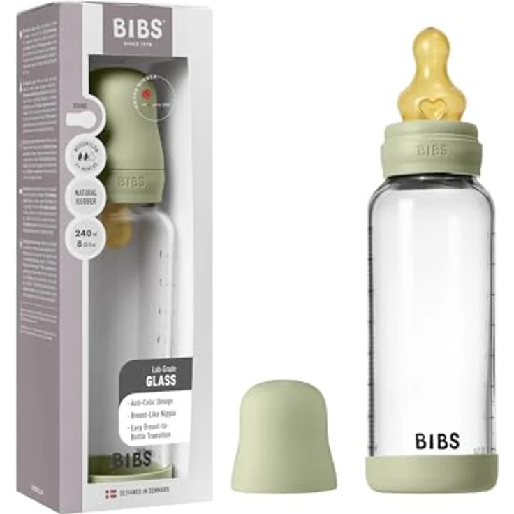 BIBS Baby Glasflasche 240ml, Runder Sauger aus Naturkautschuklatex, Koliken-Reduzierung, BPA-frei, Hergestellt in Dänemark, Sage – Bild 1