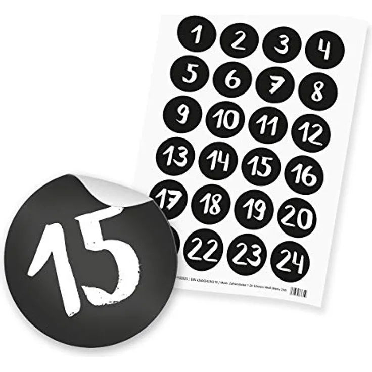 itenga 24x Zahlen-Sticker für Adventskalender, selbstklebend, Schwarz Weiß, Ziffern 1-24 auf DIN A4 Bogen