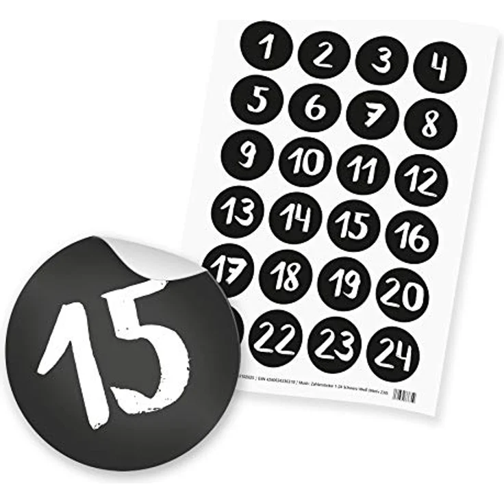 itenga 24x Zahlen-Sticker für Adventskalender, selbstklebend, Schwarz Weiß, Ziffern 1-24 auf DIN A4 Bogen
