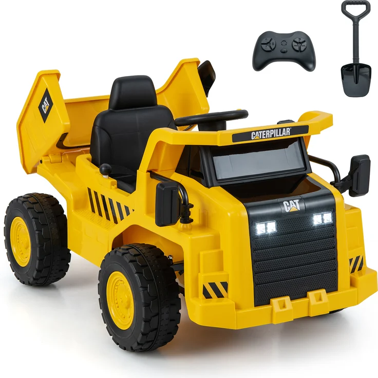 Dreamade Kinderfahrzeug mit Dumper, Elektroauto 12V, 2,4G Fernsteuerung, LED-Licht, Musik, Sandschaufel - gelb