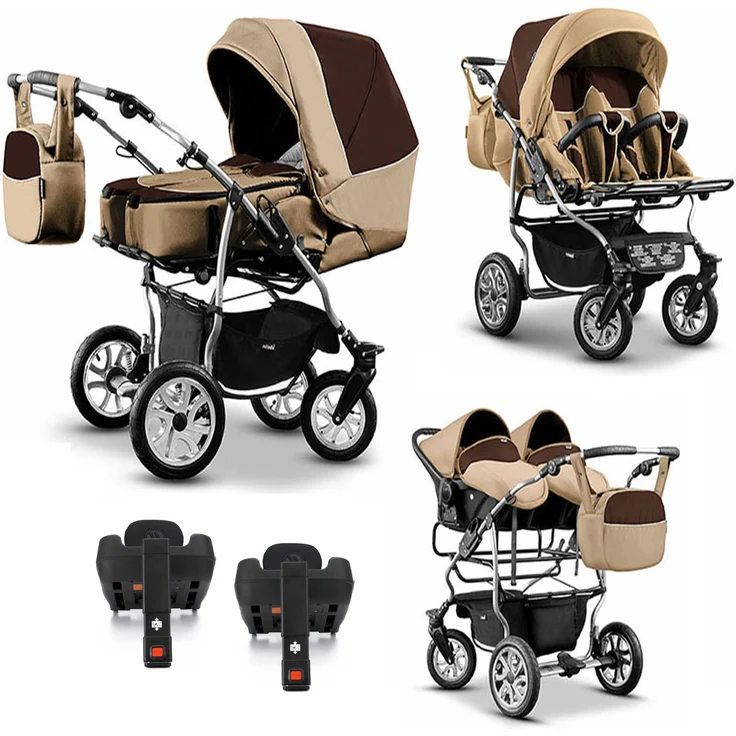 BabyMerc Zwillings-Kombikinderwagen City Twin 5 in 1 inkl. Sportsitze, Autositze und Isos in 19 Farben, Geschwisterwagen mit 360° schwenkbaren Vorderrädern – Bild 1