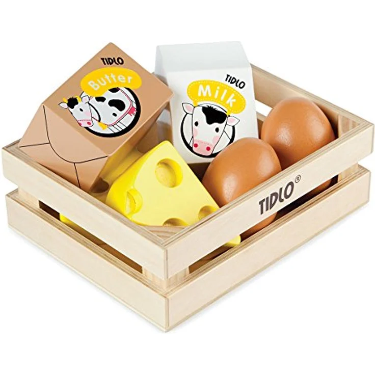 Tidlo Wooden Eggs and Dairy Food Set, Spielzeug für Kaufläden mit 2 Eiern, 2 Käse-Stücken, Butter und Milch, geeignet für Kinder ab 3 Jahren – Bild 2