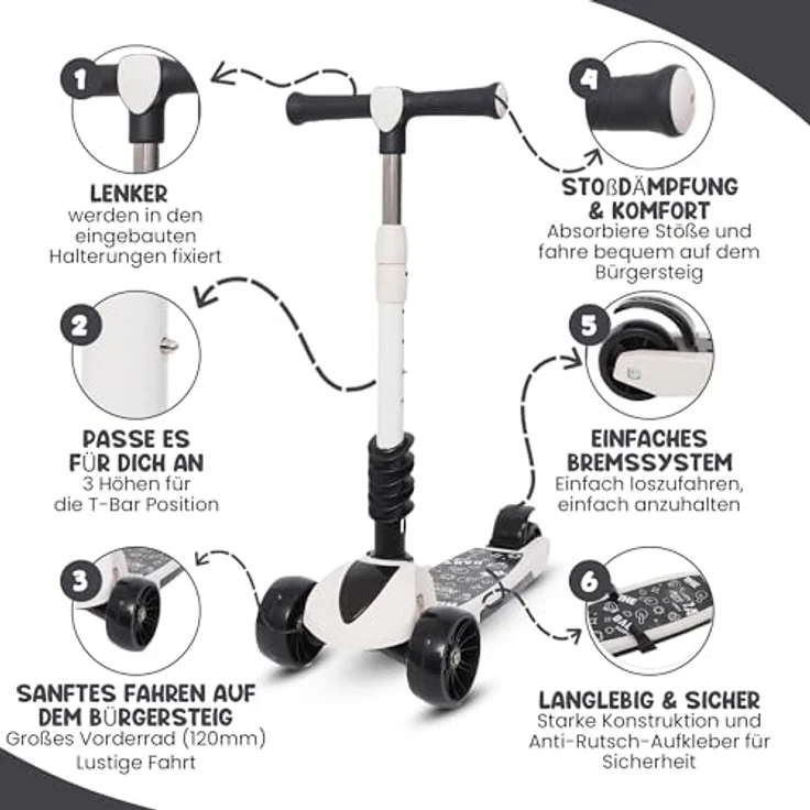 Habib Gruppe 3-in-1 Kinderroller mit Sitz, Faltbar und Höhenverstellbar, Dreirad Tretroller mit LED Rädern, für Kinder ab 3 Jahren (bis 50kg), Schwarz – Bild 2