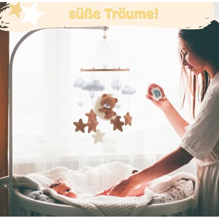 Babykajo Baby Mobile Schlummernder Bär, Holzring mit handgenähten Tierfiguren, perfekt für Babybetten und Kinderzimmer Deko – Bild 4