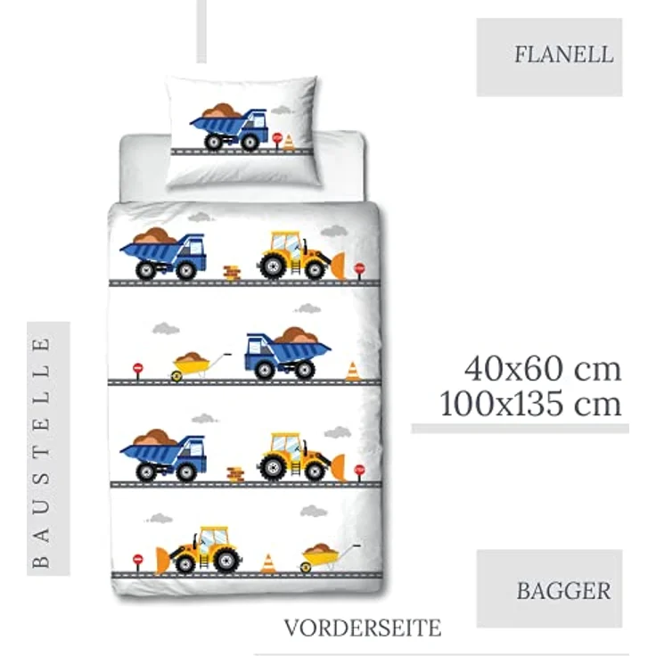 MTOnlinehandel TRAUMHELDEN Bagger Babybettwäsche 135x100 Flanell/Biber ☆ 1 Kissenbezug 40x60 + 1 Bettbezug 100x135 cm ☆ Baustelle Fahrzeuge ☆ Hochwertige Jungen-Bettwäsche mit Reißverschluss – Bild 4