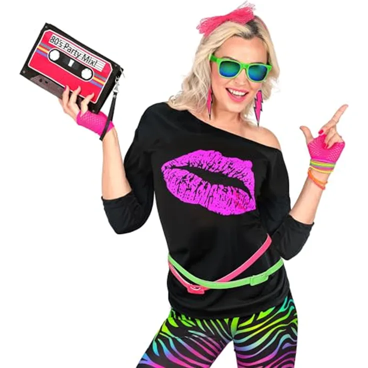 W WIDMANN MILANO Party Fashion T-Shirt 80er Jahre, ärmelloses Shirt mit pinkem Kiss Lips Design, schwarz, Größe S/M für Mottoparty und Fasching