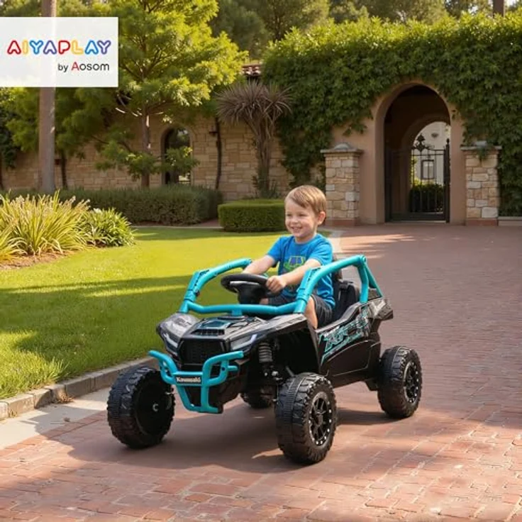 AIYAPLAY Kawasaki TERYX KRX 1000 Kinder Elektroauto 12V UTV mit 2 Motoren, 2,4 GHz Fernbedienung, Federungssystem, LED-Leuchten, Musik, Hupe für 3-8 Jahre, Blau – Bild 2