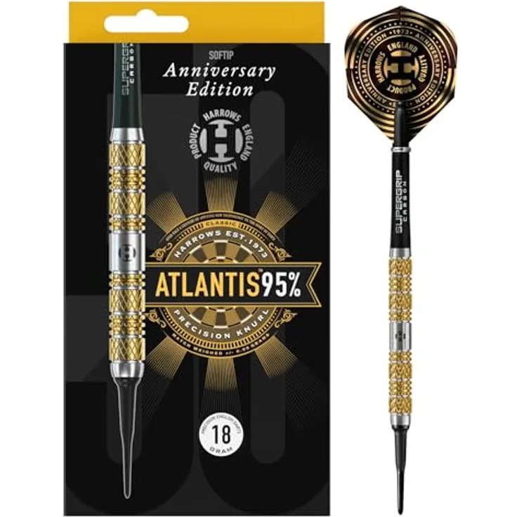 Harrows 50 Years Golden Anniversary Edition Softtip Dart, Tungsten Dart mit 95% Tungsten Barrel, 18g Gewicht, inkl. Schäften und Flights, gold