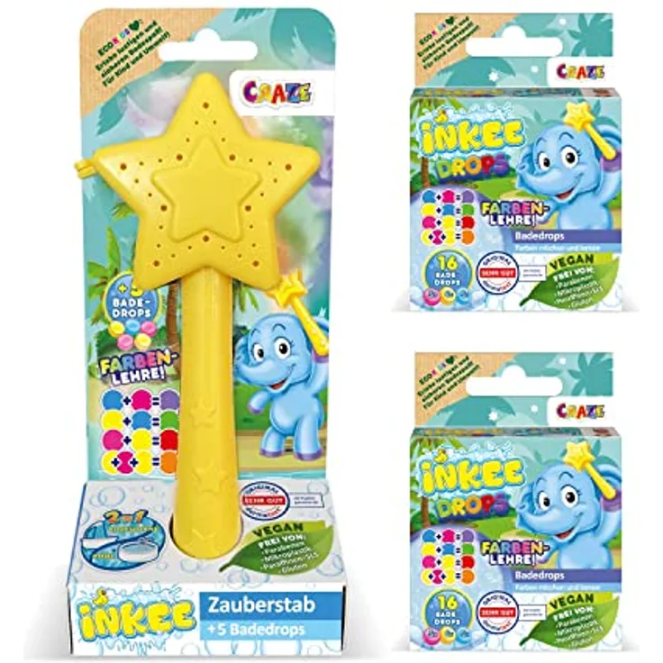 CRAZE INKEE Wand Star| Pack mit Stern-Zauberstab & Badetabletten zum Farben Lernen , Badekugeln mit 7 Badefarben für die Badewanne , Erdbeerduft