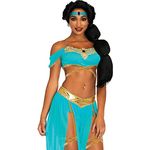 Leg Avenue Verzauberte Jeannie, 4-teilige Damenkostüm mit schulterfreiem Wickel-Crop-Top und goldenen Applikationen, Größe S