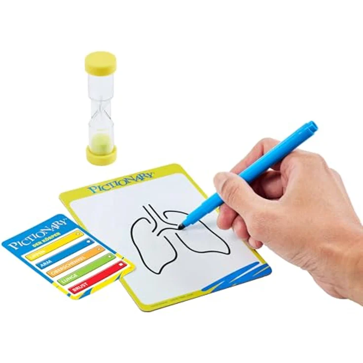 Mattel Games Pictionary Familienbrettspiel für Kinder, Erwachsene und Spieleabende in JDX99, mit löschbaren Stiften, Maltafeln und Sanduhr – Bild 2